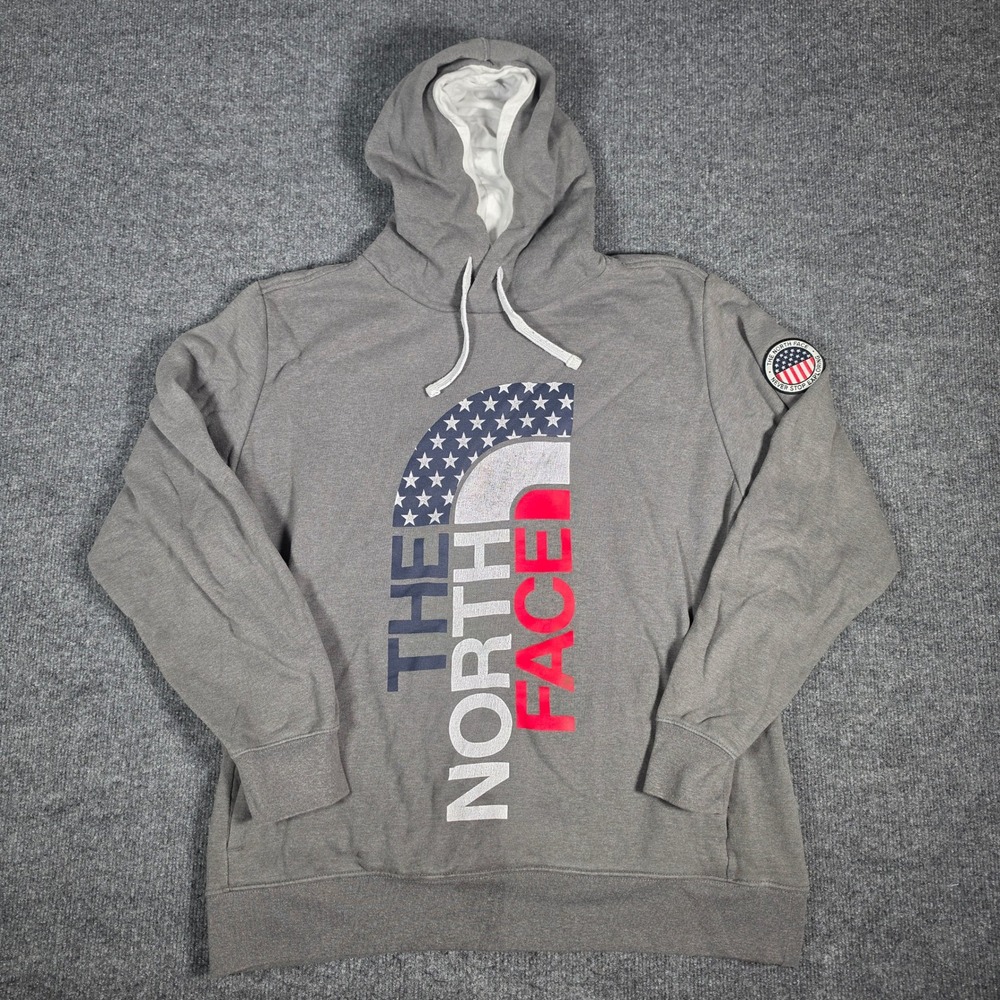 The North Face Mens Gray American Flag Logo Pullover Hoodie XL Regular Fit